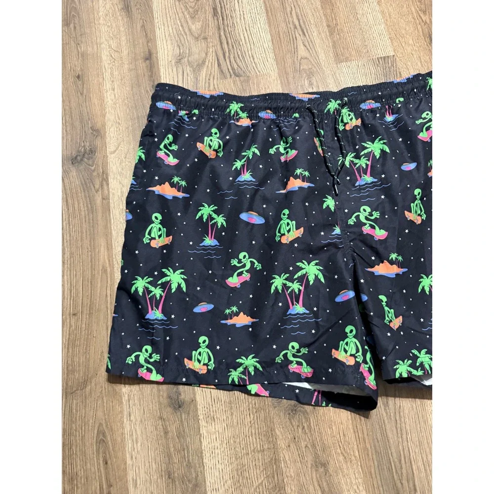 No Boundaries Shorts Men Size XXL Black Swim Trunks Alien UFO Palm Trees
